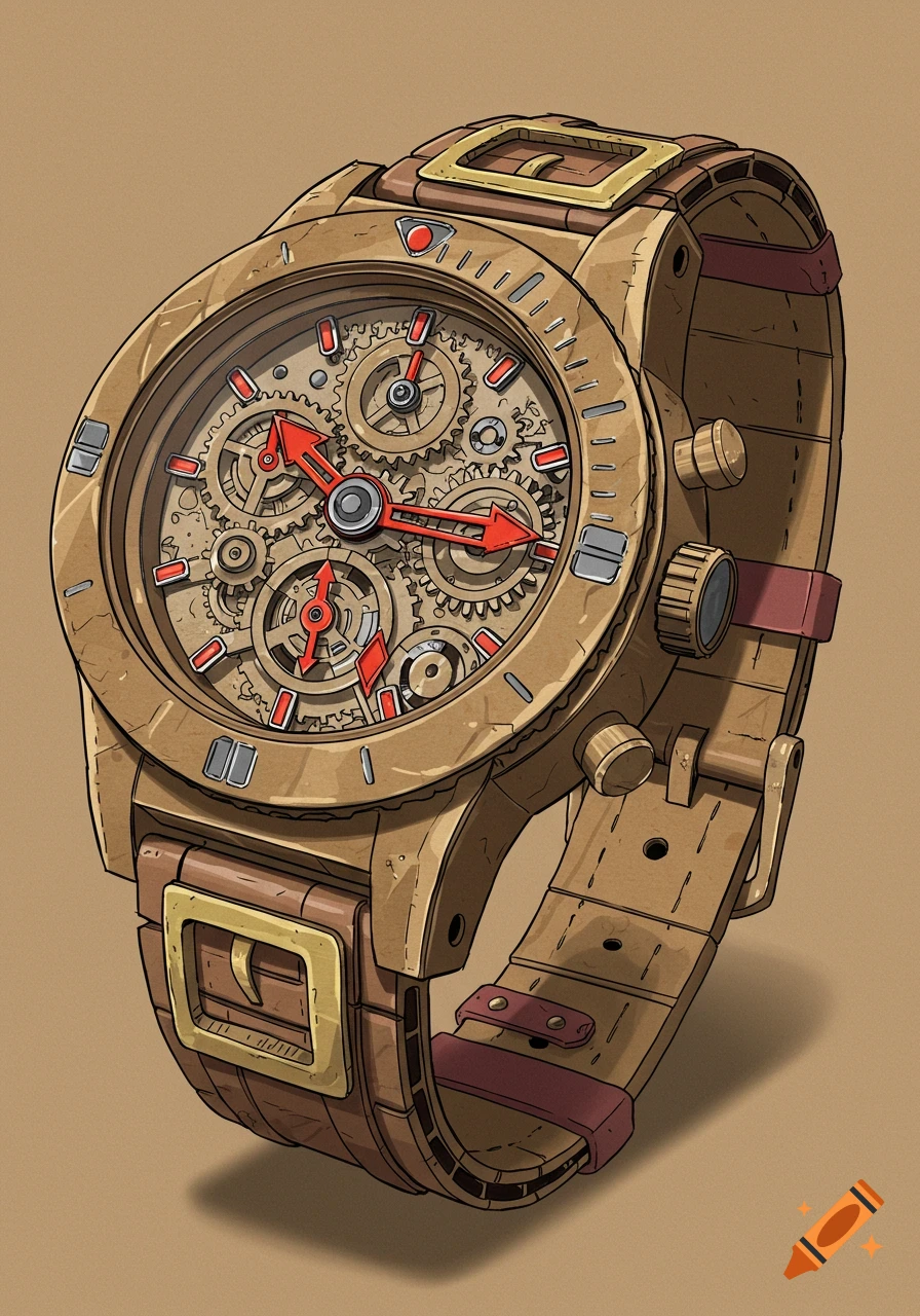 Illustration of a detailed watch made from cardboard with visible gears and red hands