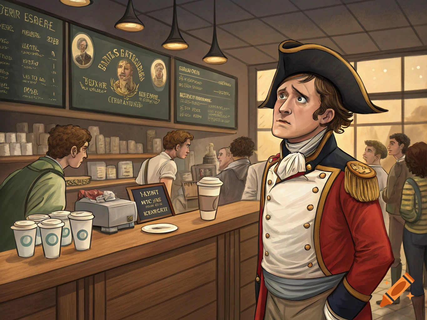 Illustration of Napoleon looking bewildered in a busy coffee shop.
