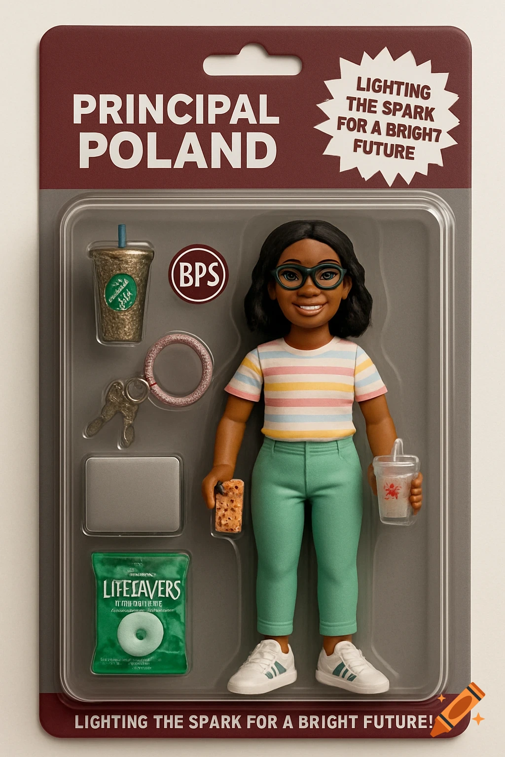 An action figure in plastic packaging labeled 'Principal Poland' with accessories like a laptop, keys, drinks, and snacks.
