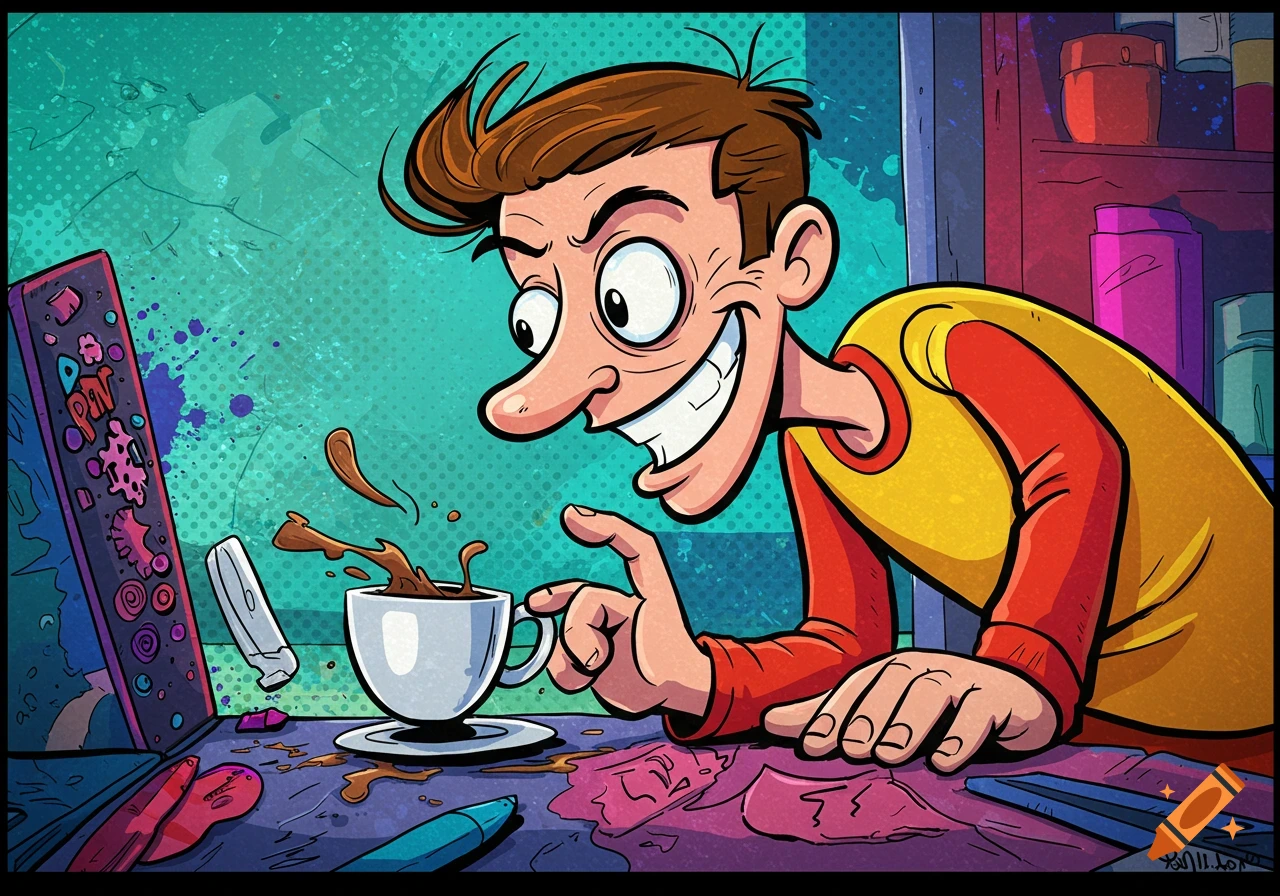 Cartoon illustration of a man spilling coffee on a messy desk.