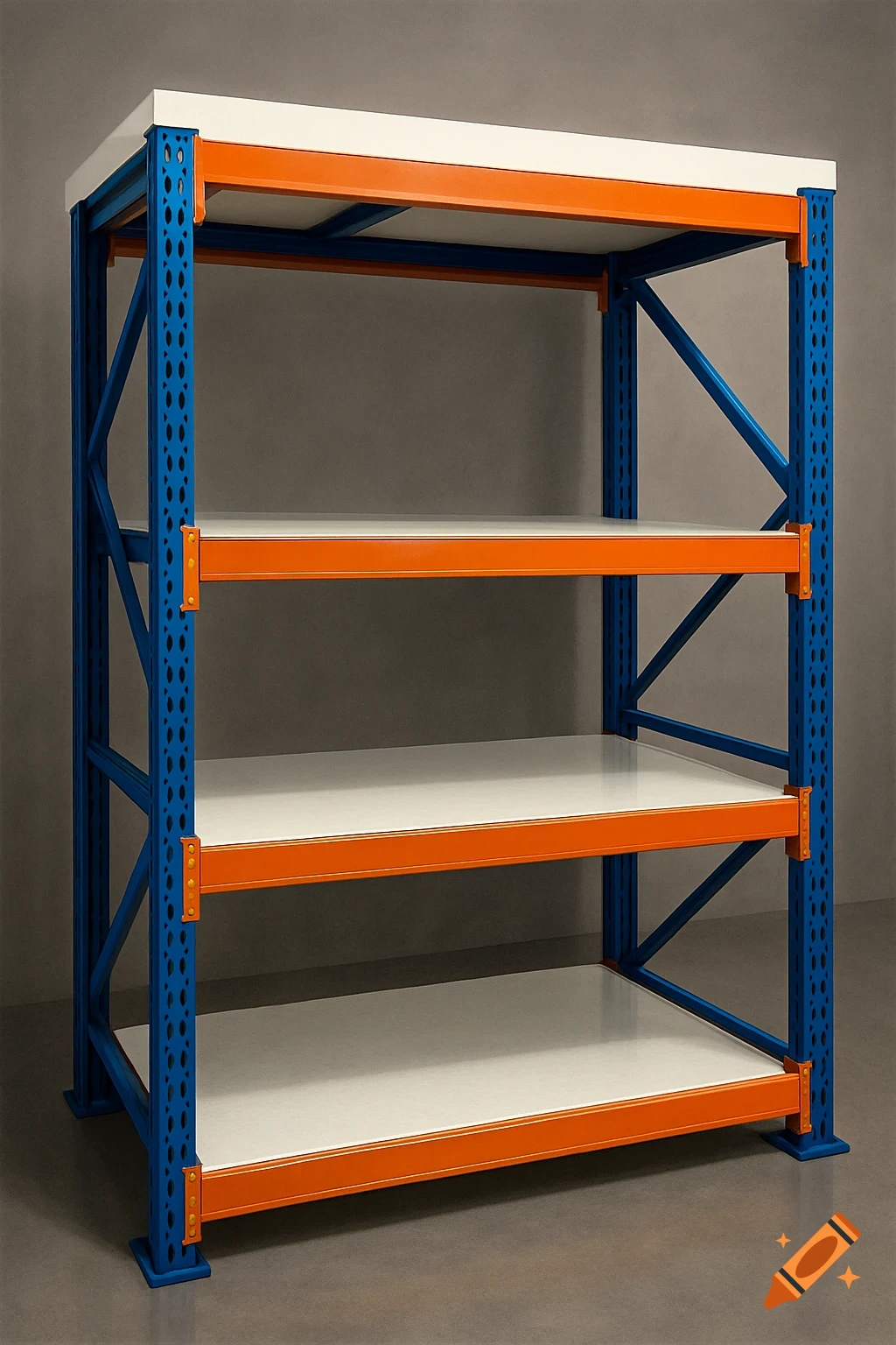 A blue and orange industrial storage rack with three shelves.