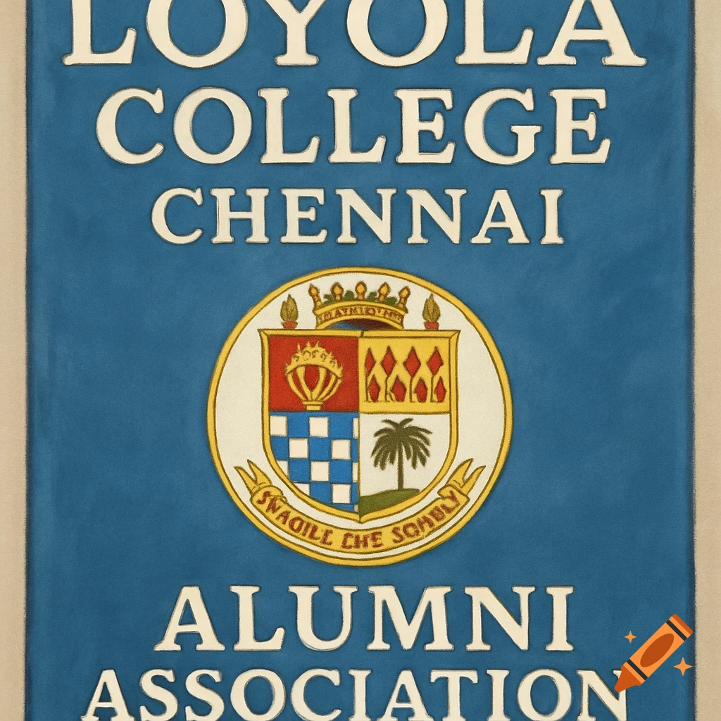 Blue banner with white text 'Loyola College Chennai Alumni Association' and a crest logo.