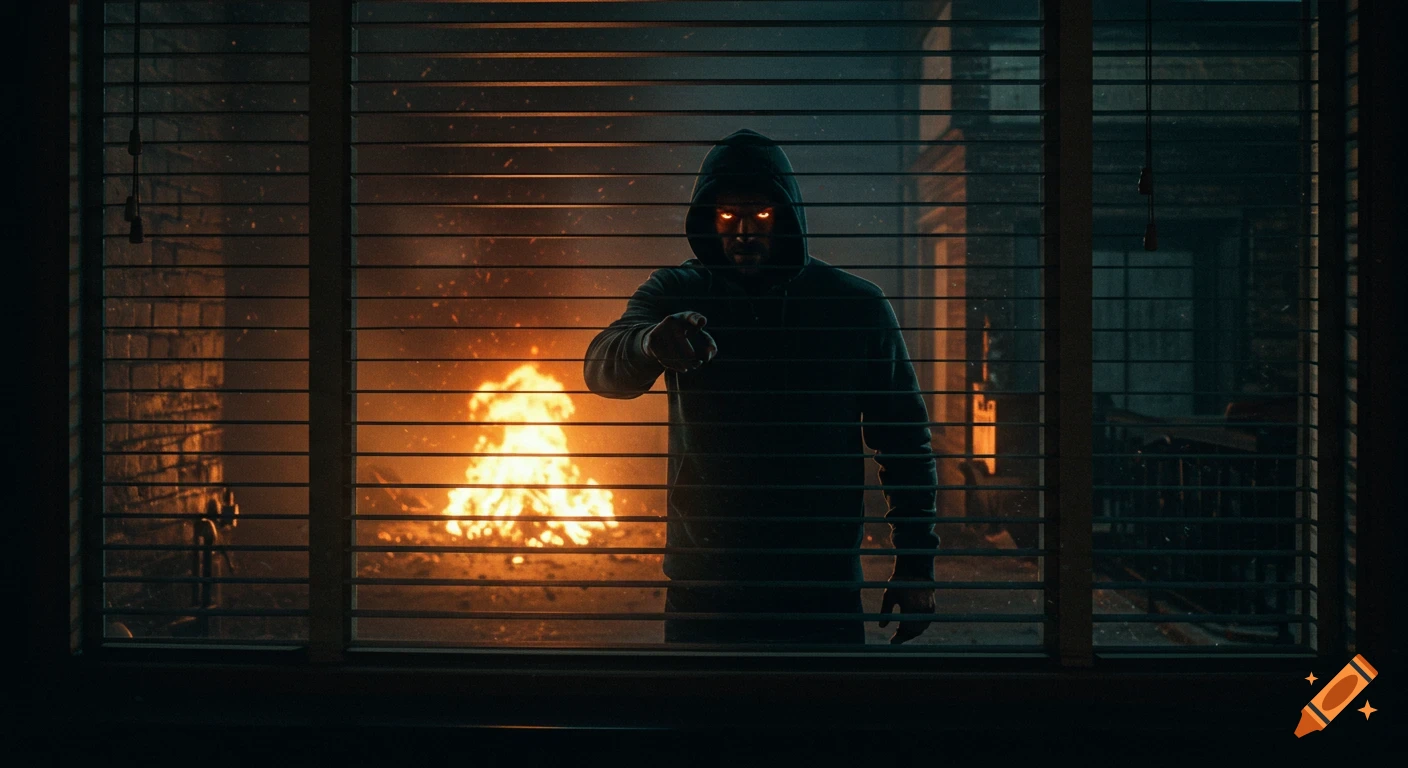 Mysterious figure with glowing eyes points through window blinds, fire blazing behind them. Dark, suspenseful scene.