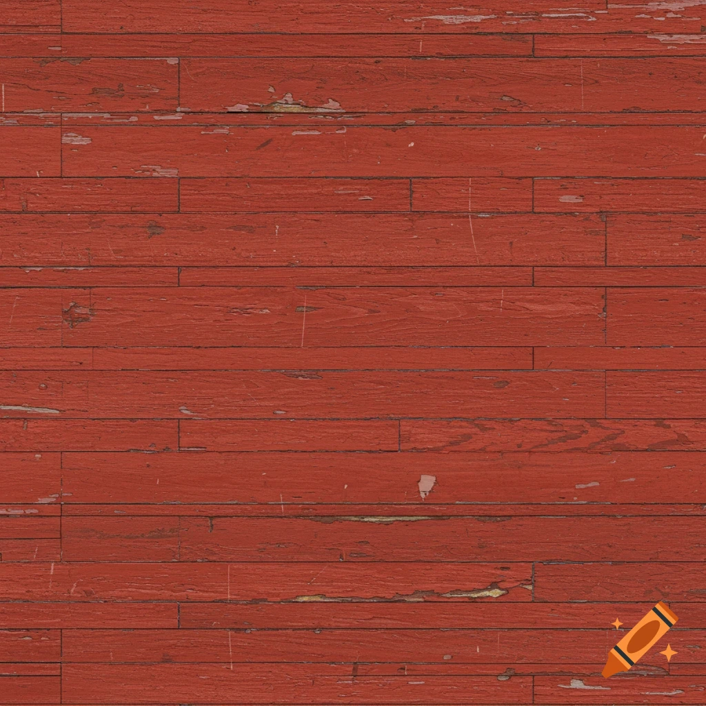 Close-up of distressed red wooden surface with paint chips and scratches.