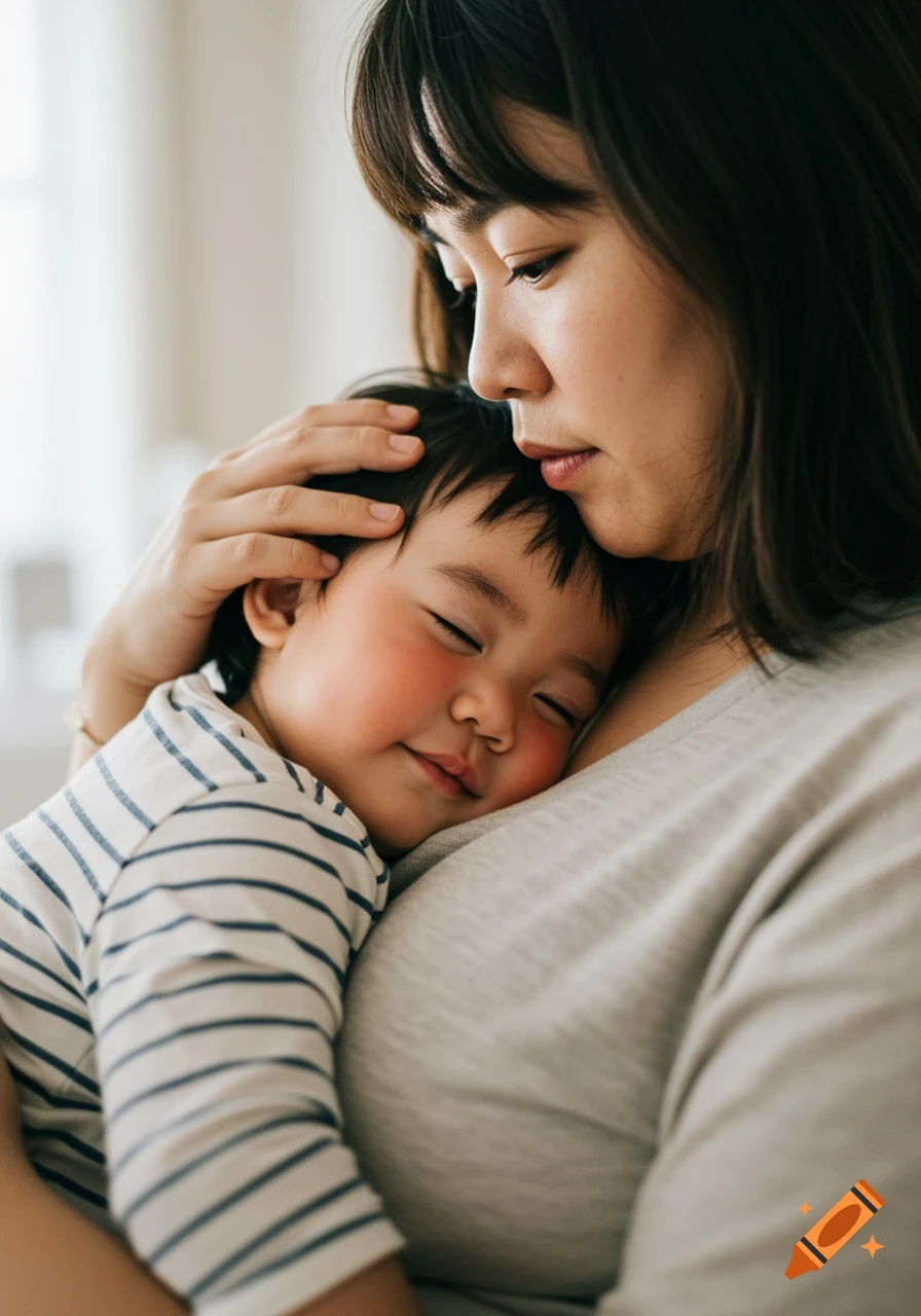 A mother holds her sleeping child close.