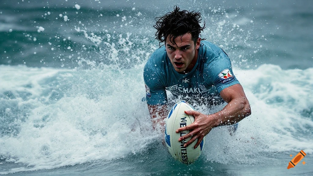 A man plays rugby in the water, holding a ball.
