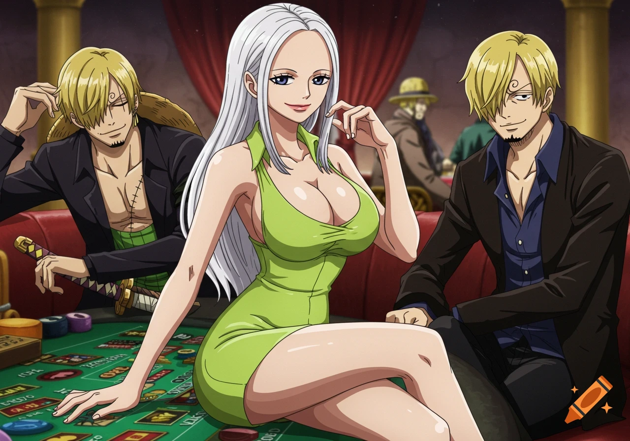 Anime characters sit at a casino table, woman in green dress between two men.