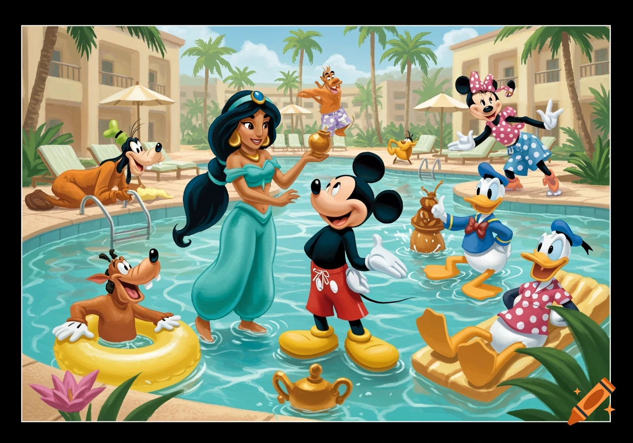 Cartoon illustration of Disney characters including Mickey Mouse, Minnie, Donald, Daisy, Goofy, Jasmine, Iago, and Abu having a pool party.