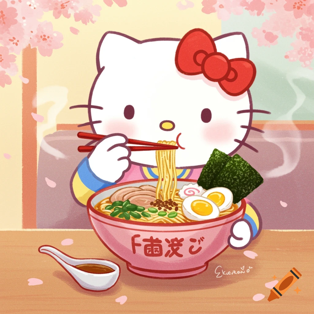 Cartoon of Hello Kitty eating a large bowl of ramen under falling cherry blossoms.
