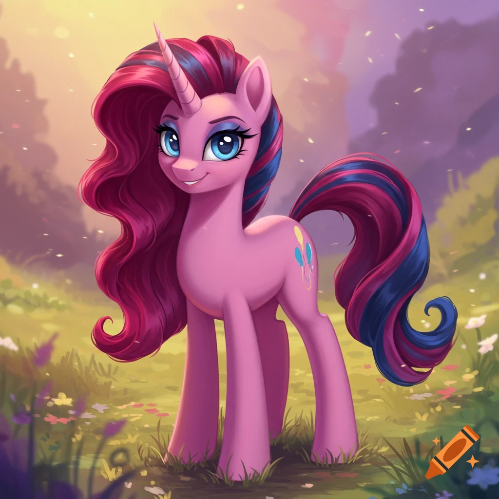 Cartoon illustration of a pink pony with a flowing colorful mane and tail standing in a sunny field.