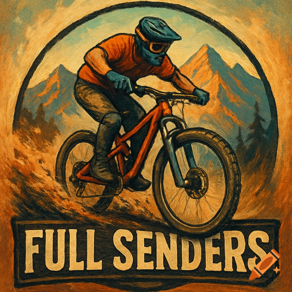 Illustration of a person mountain biking downhill with mountains in the background and the text FULL SENDERS below.
