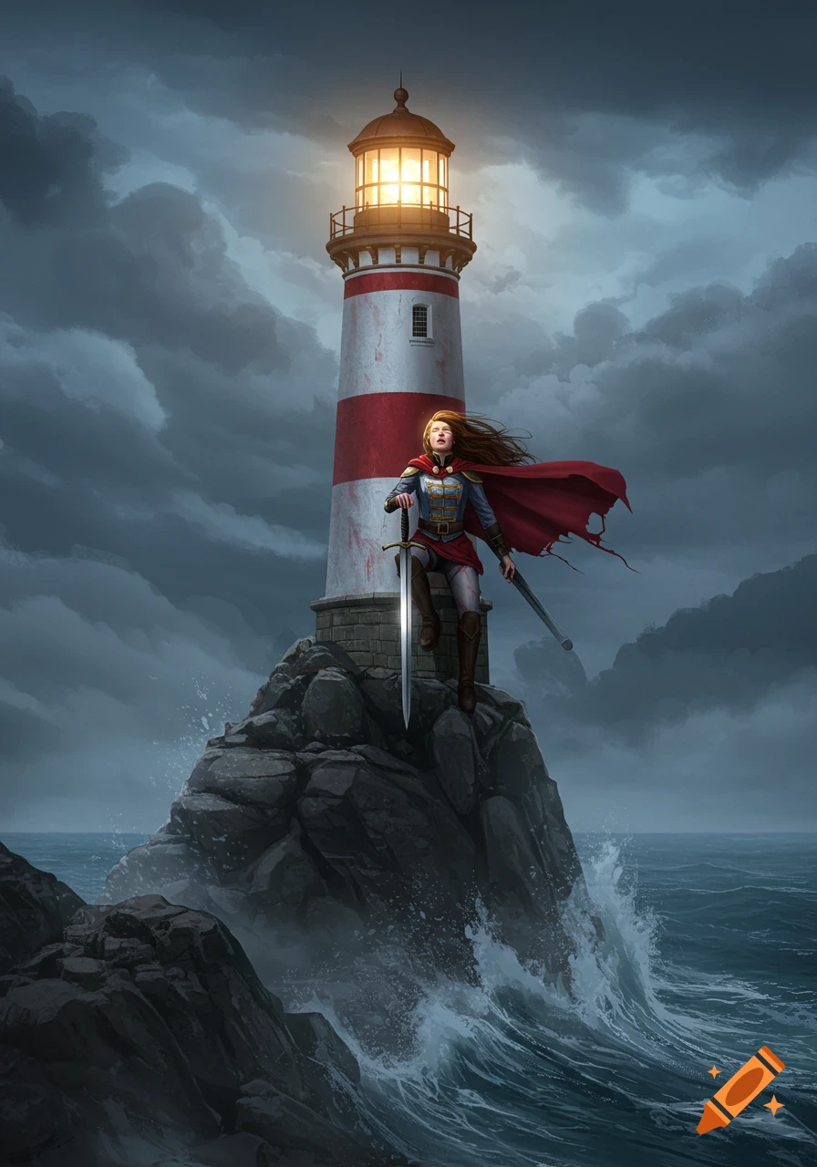 A figure in armor with a sword stands on a rocky outcrop beside a lighthouse, waves crash below under a dramatic cloudy sky.