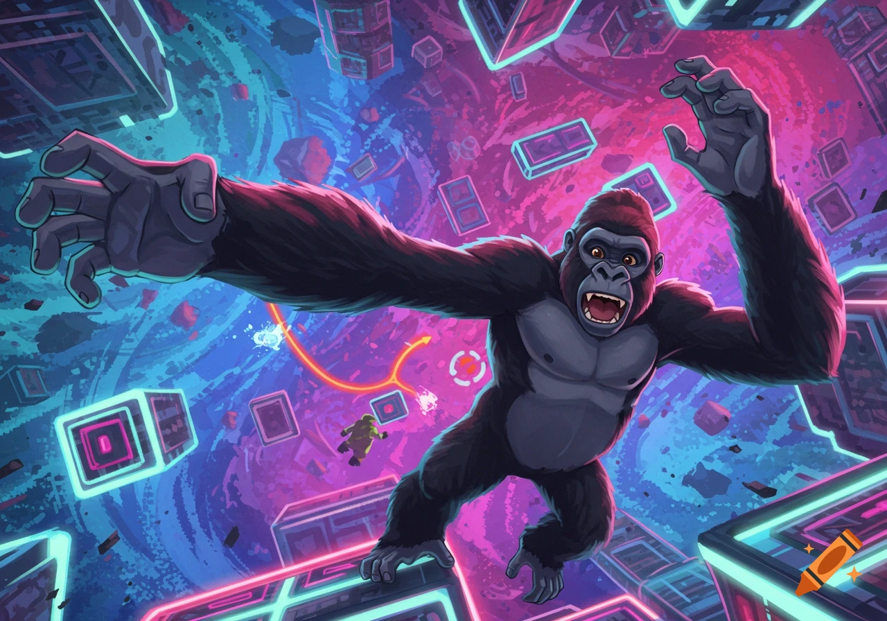 Cartoon gorilla leaping through a colorful abstract space with neon geometric shapes.