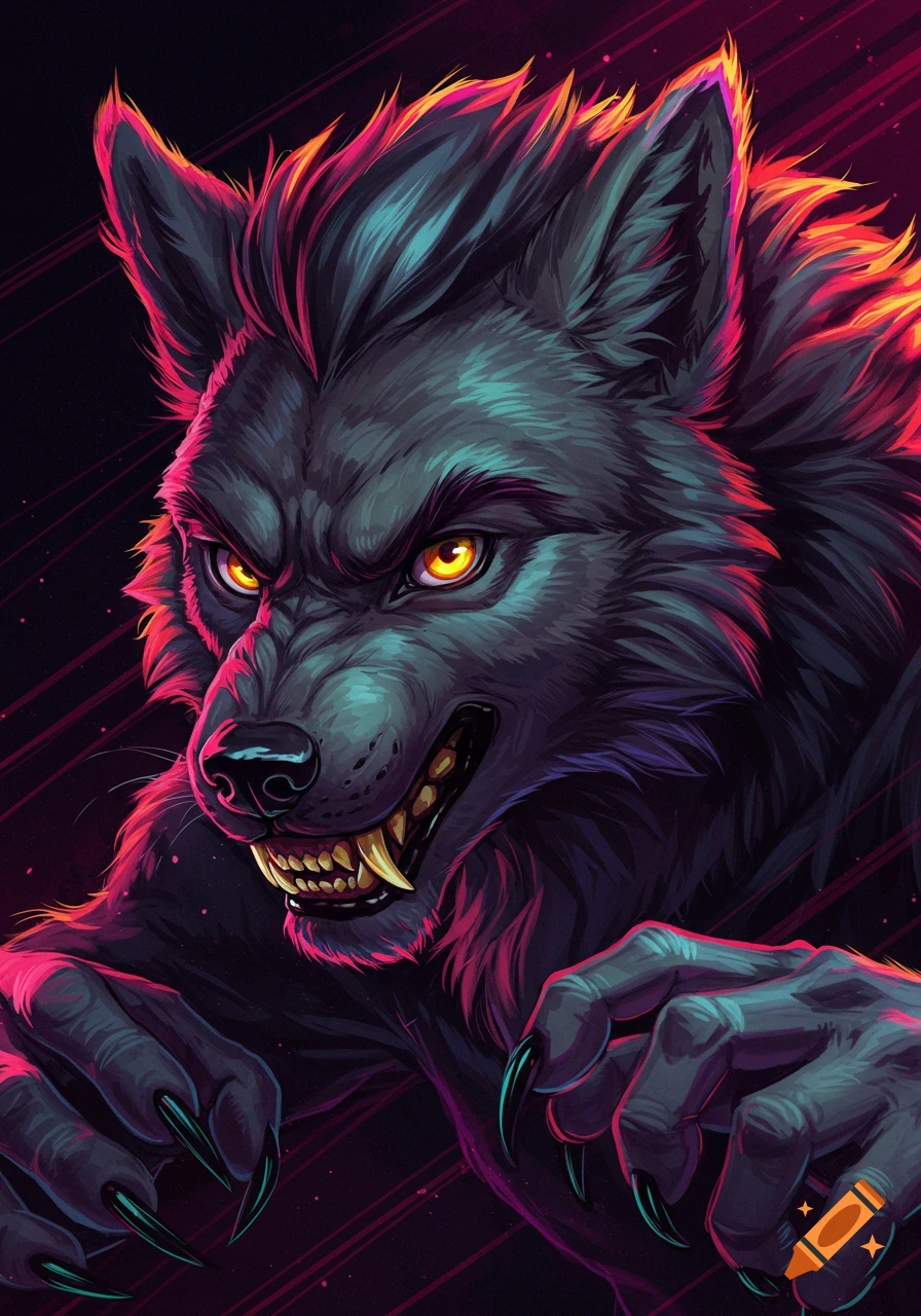 Close-up illustration of an aggressive werewolf with glowing eyes and bared teeth, against a dark background.