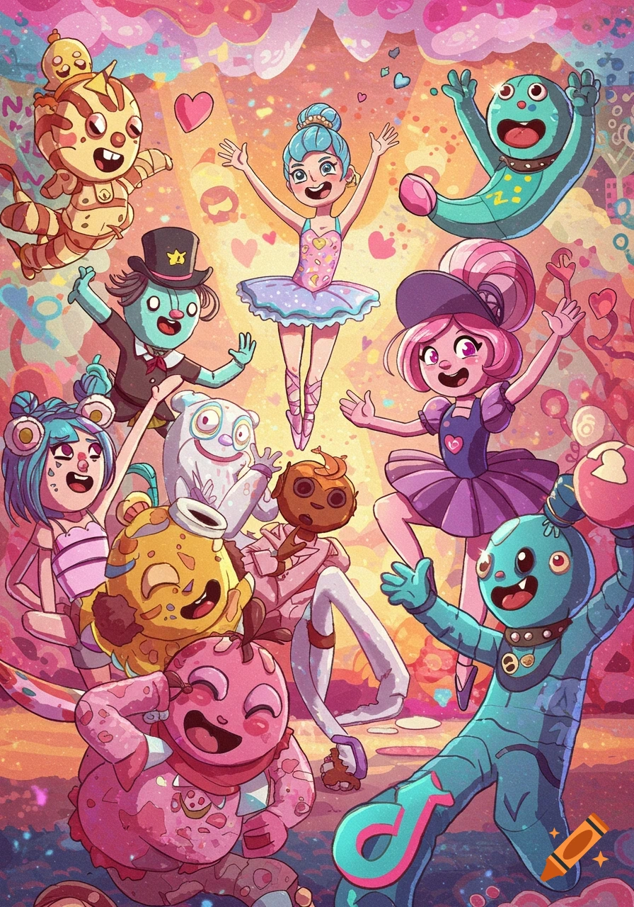 A group of colorful, cartoony characters, including a ballerina, wave and dance in a vibrant, stylized scene with hearts.