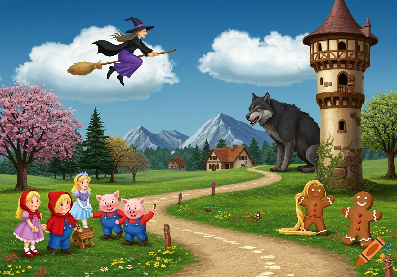 A cartoon fairytale landscape with a witch flying, a wolf, pigs, girls, gingerbread men, and a tower.