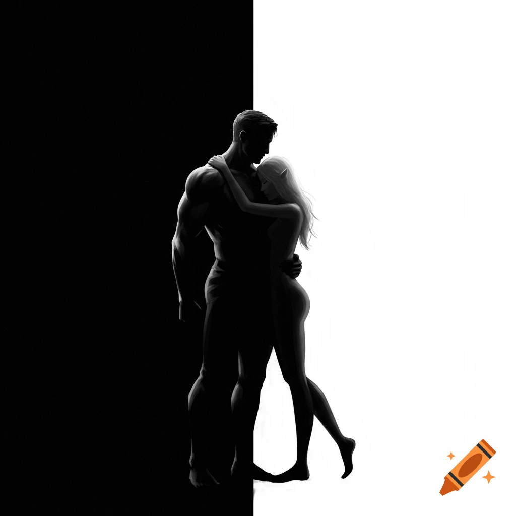 A black and white image of a man and woman hugging, silhouetted against split black and white backgrounds.