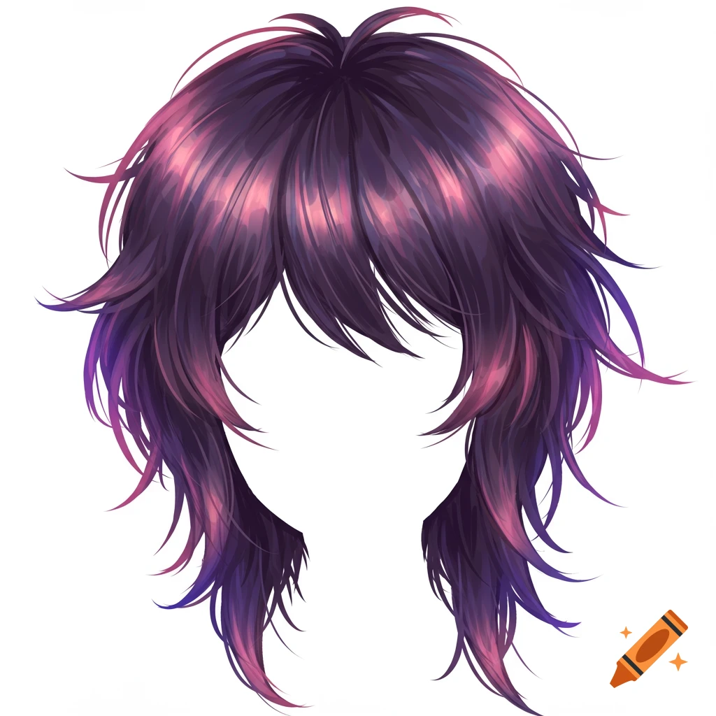 Anime-style messy long dark purple hair with pink highlights on a white background.