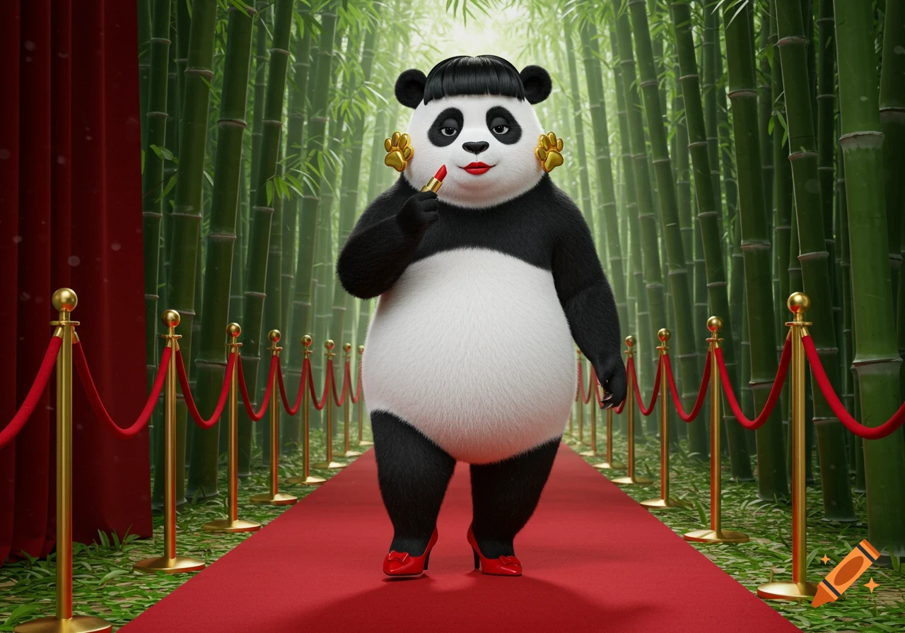 A cartoon panda in high heels and lipstick walks the red carpet in a bamboo forest.