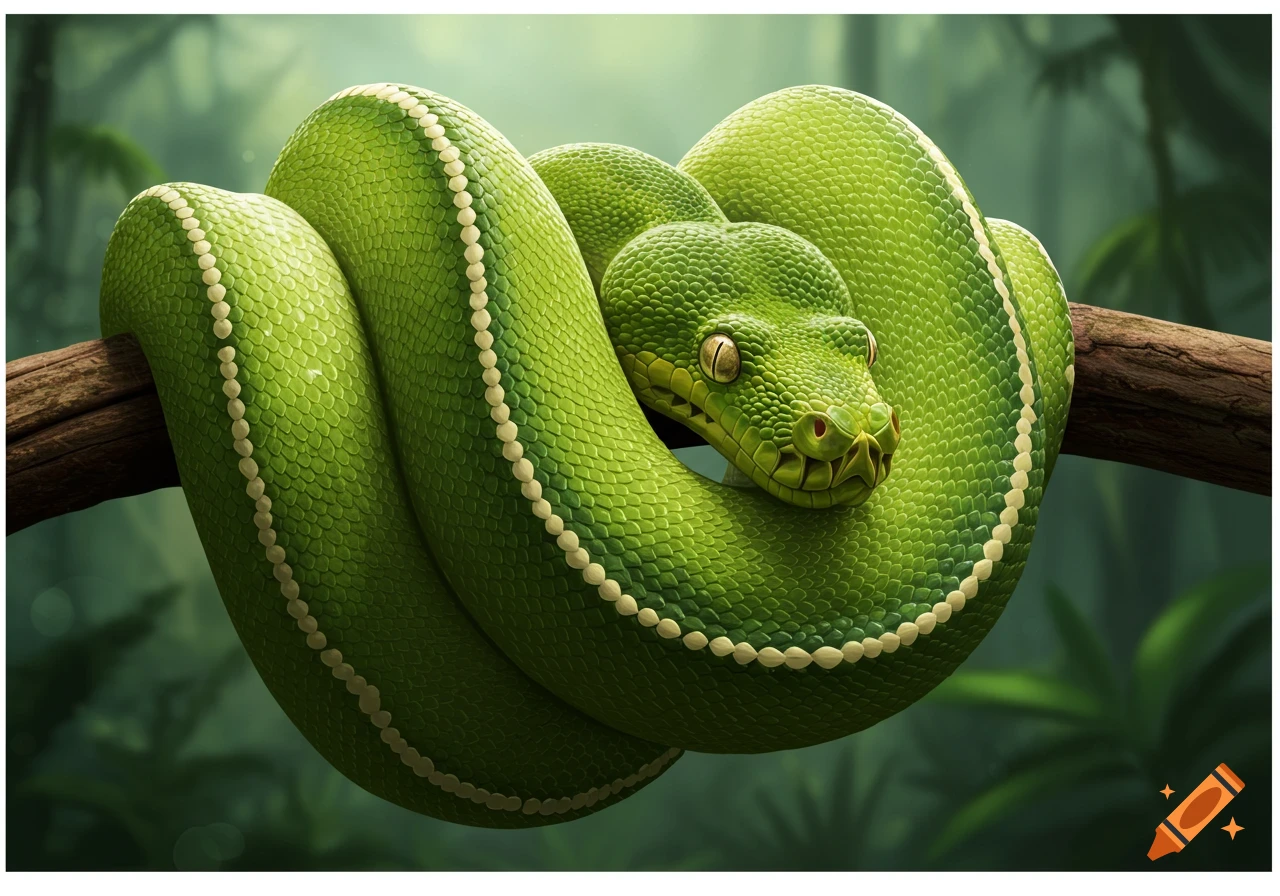A bright green snake with white markings coiled around a tree branch in a lush jungle environment.