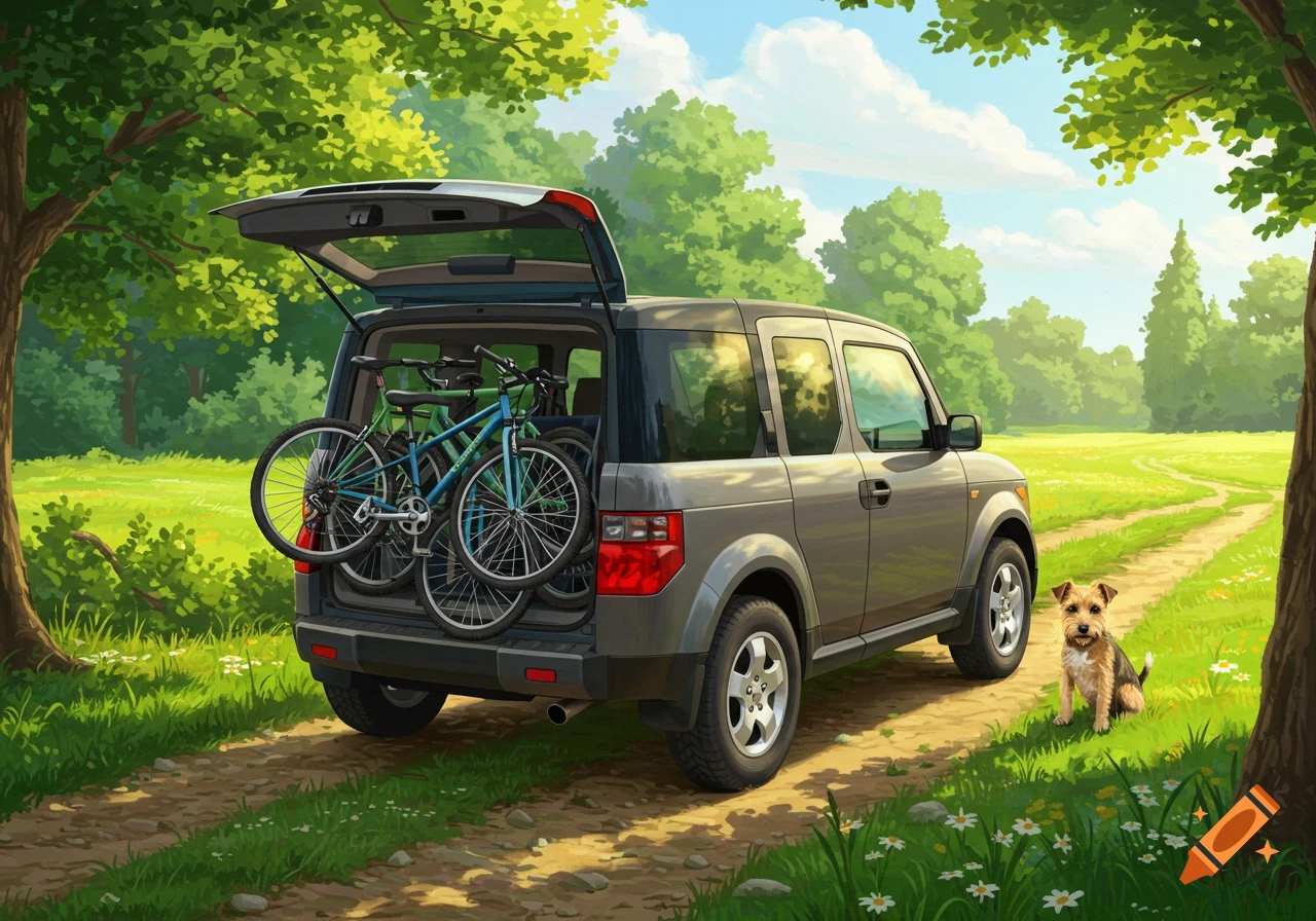 Grey SUV with bikes in the open trunk on a dirt road, with a small dog beside it in a grassy field. Painterly style.