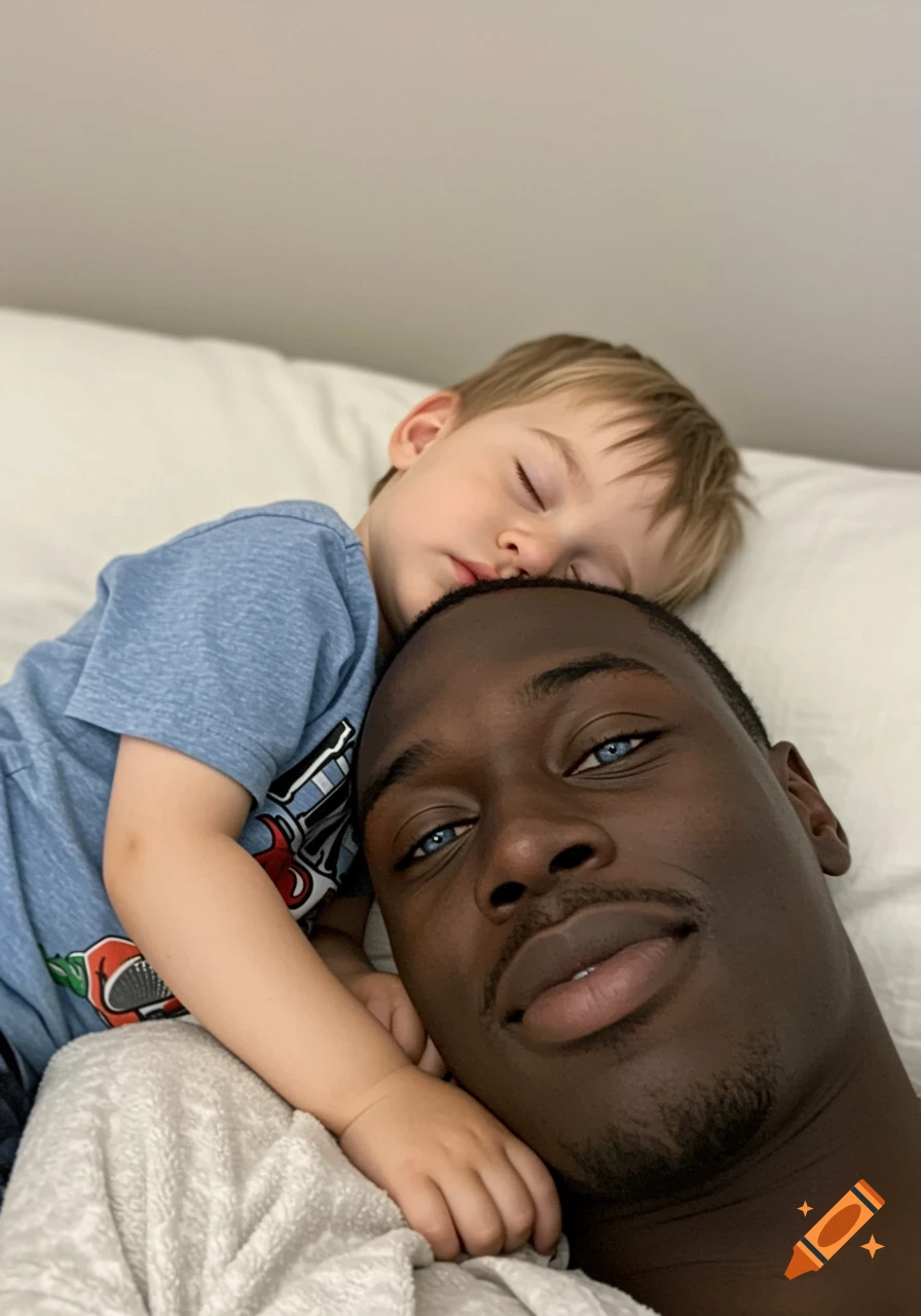 Close-up selfie of a Black man with blue eyes lying down with a young child sleeping on his chest.