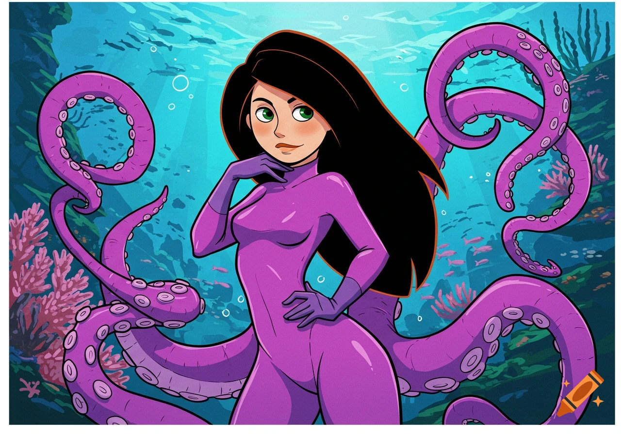 Kim Possible in a purple octopus suit underwater