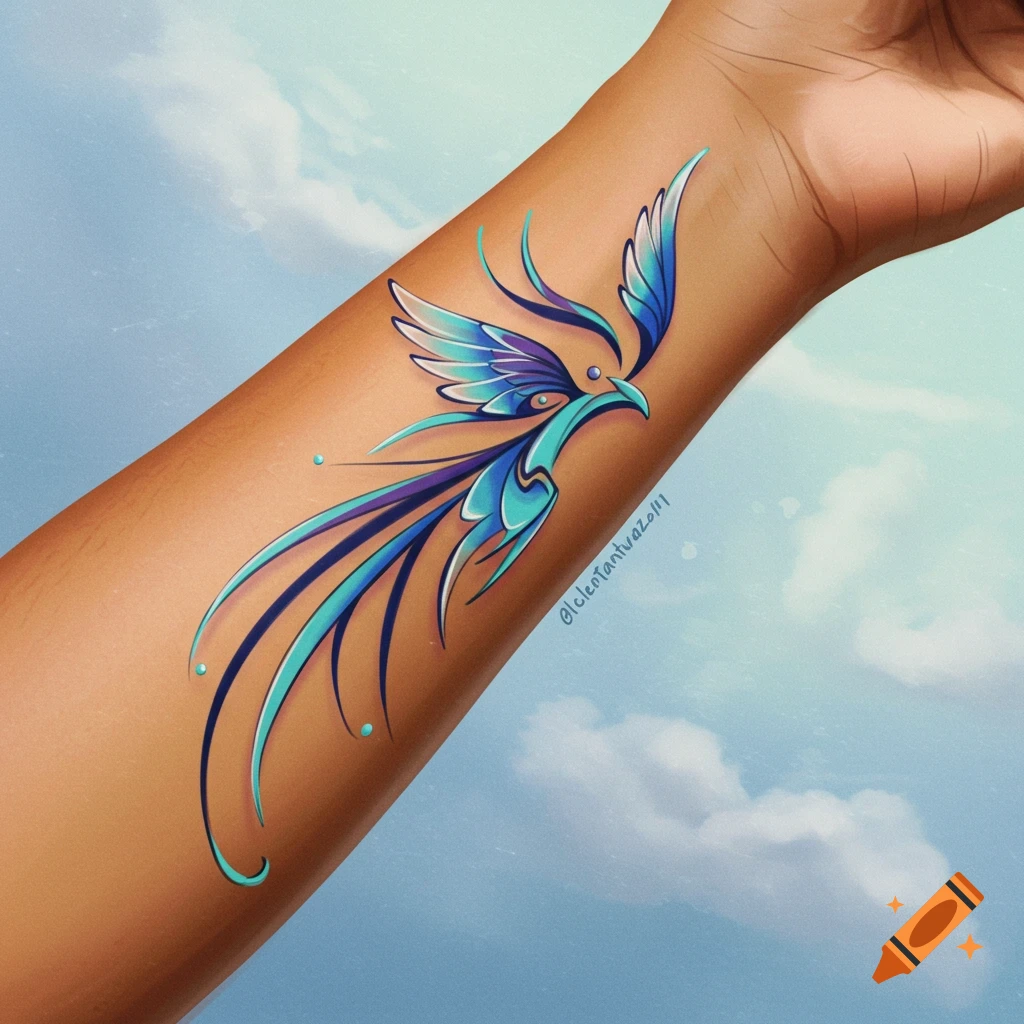 Stylized blue and purple bird tattoo on an arm.