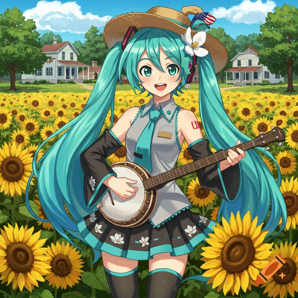 Anime girl plays banjo in sunflower field