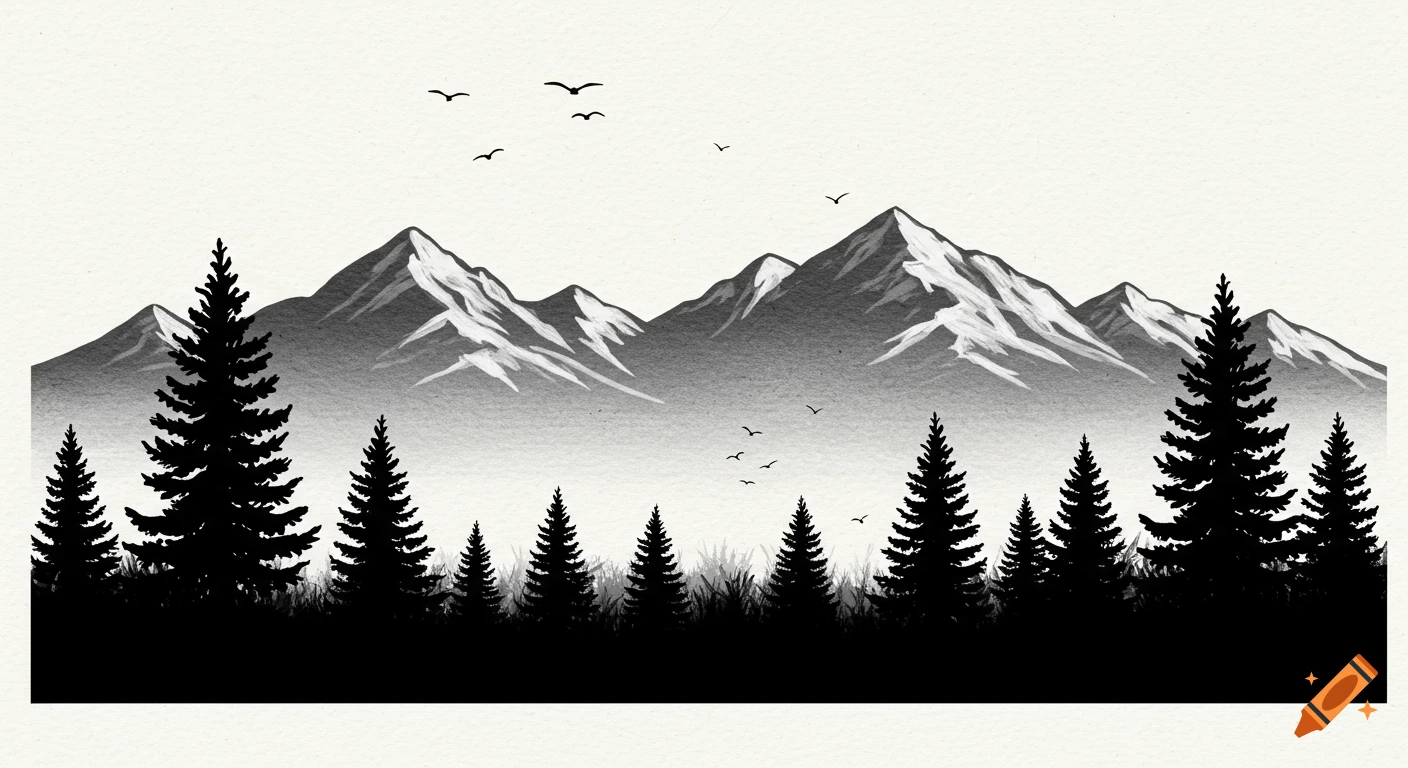Black and white silhouette of mountains and trees with birds.