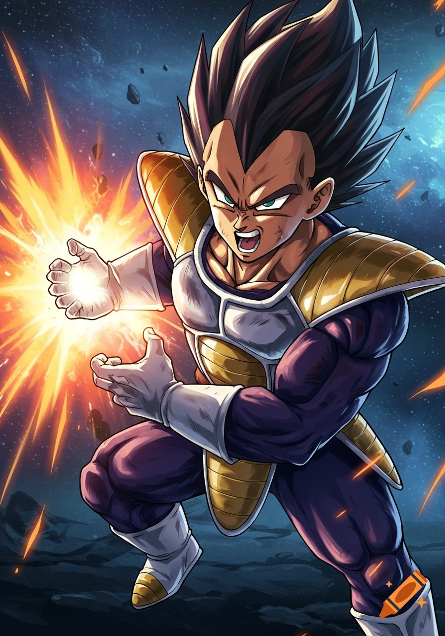 Anime illustration of Vegeta from Dragon Ball powering up a ki blast in space.