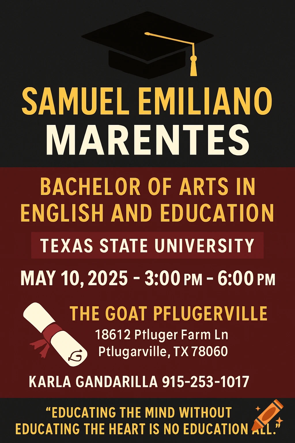 Graduation invitation poster with a black cap, gold tassel, diploma scroll, and text details on a dark background.