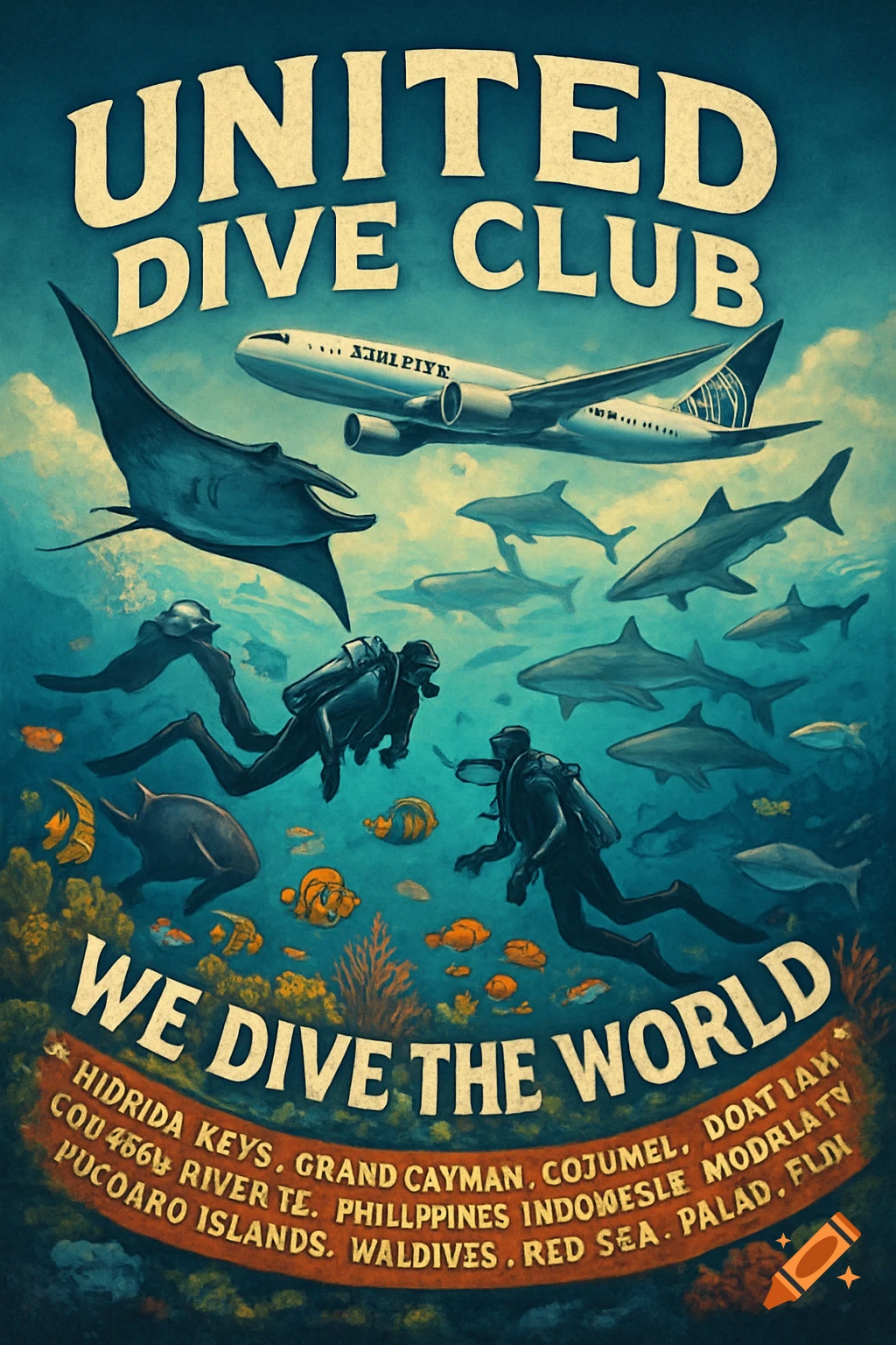Illustrative poster for a dive club showing divers, sharks, manta ray, fish, reef, and an airplane above the water.