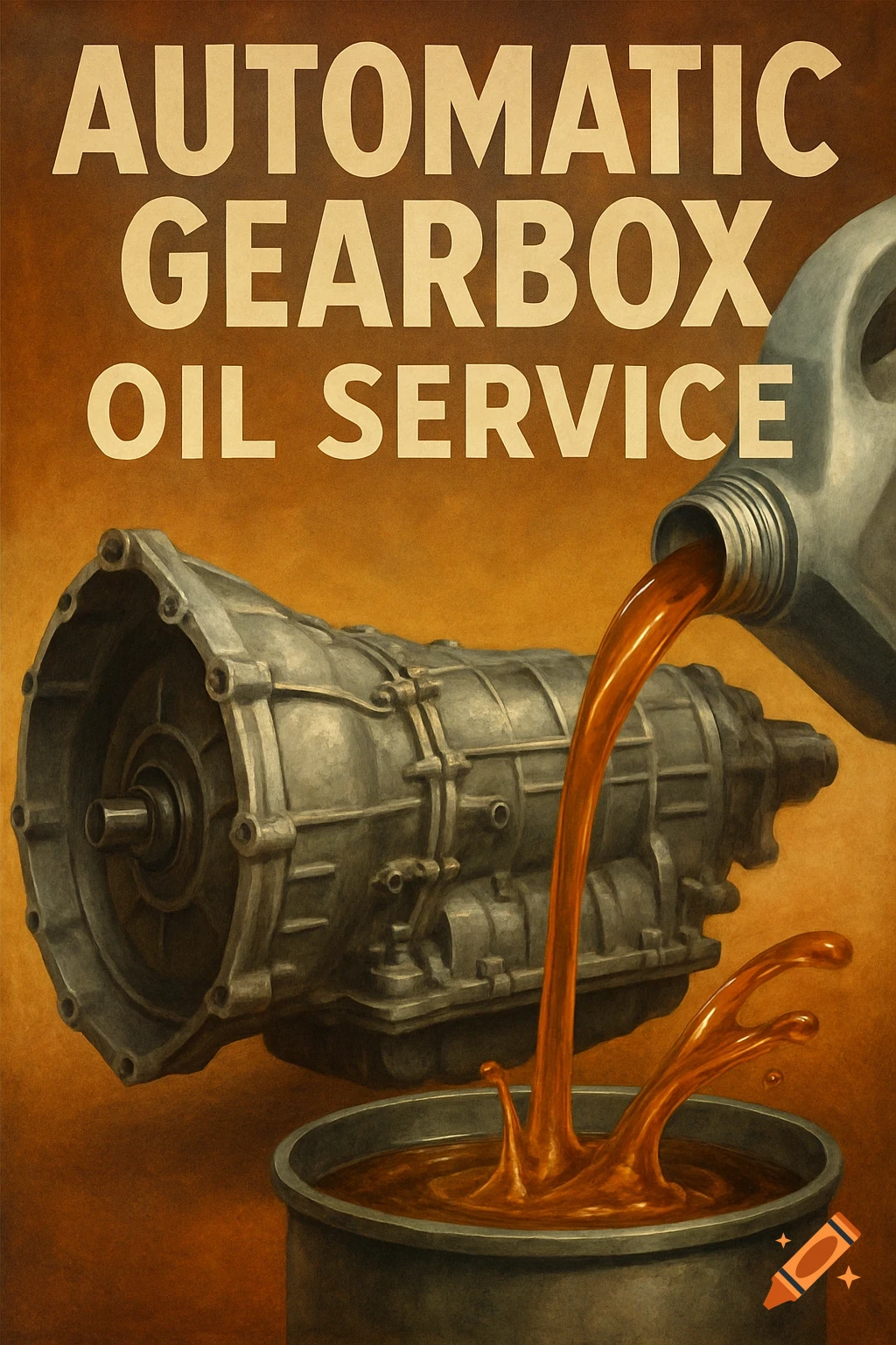 Flyer advertising automatic gearbox oil service with oil pouring into a bucket next to a gearbox.