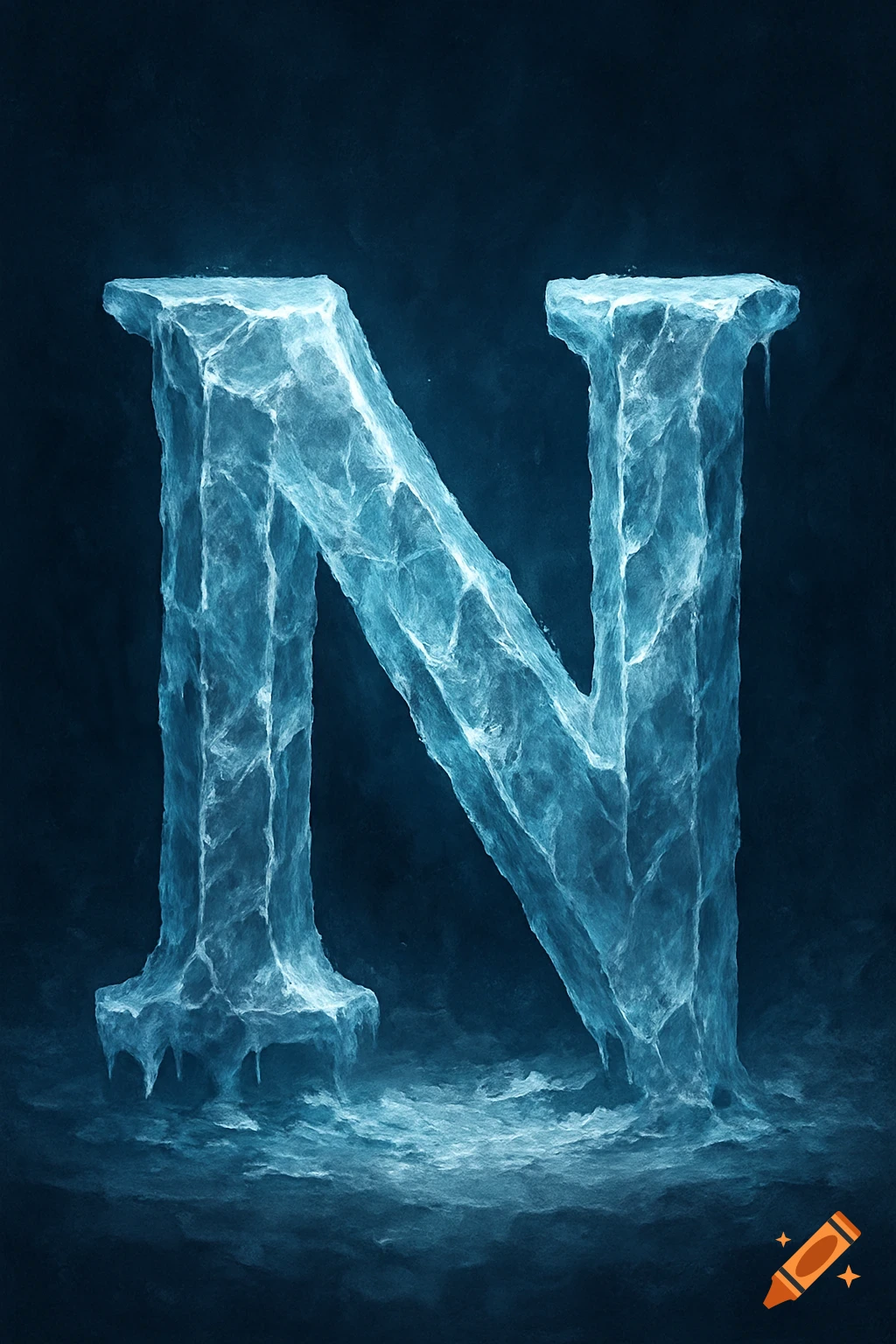 The letter N made of ice against a dark background.