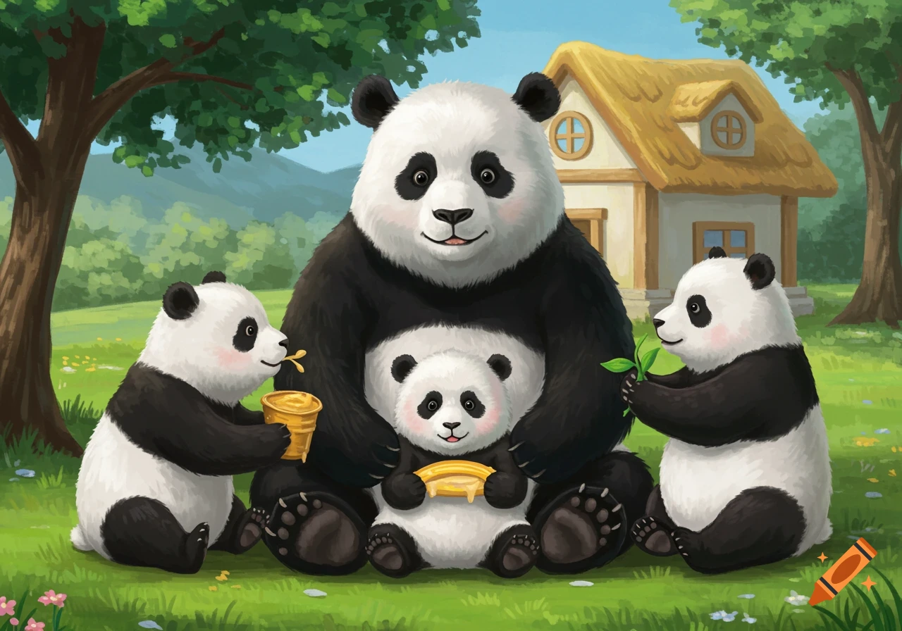 Illustrated scene of a mama panda with three babies, one holding honey, one with leaves, outside a cottage.