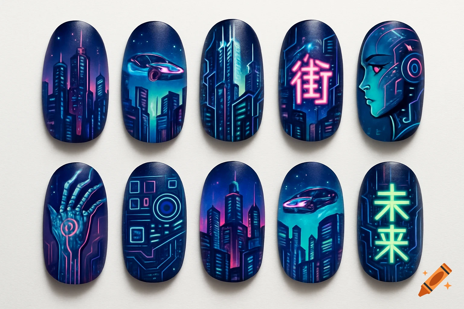 Ten fake nails with intricate cyberpunk cityscape designs