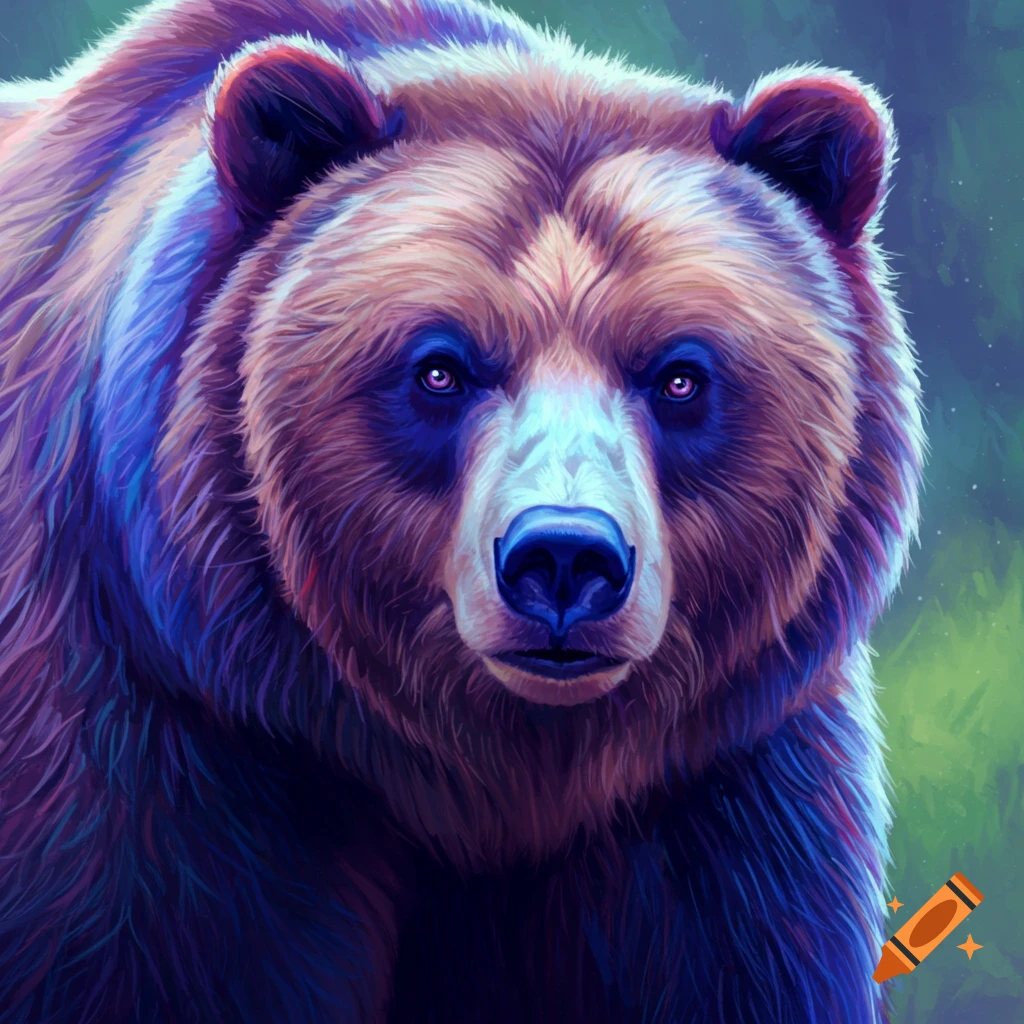 Close-up digital painting of a brown bear with purple and blue highlights.