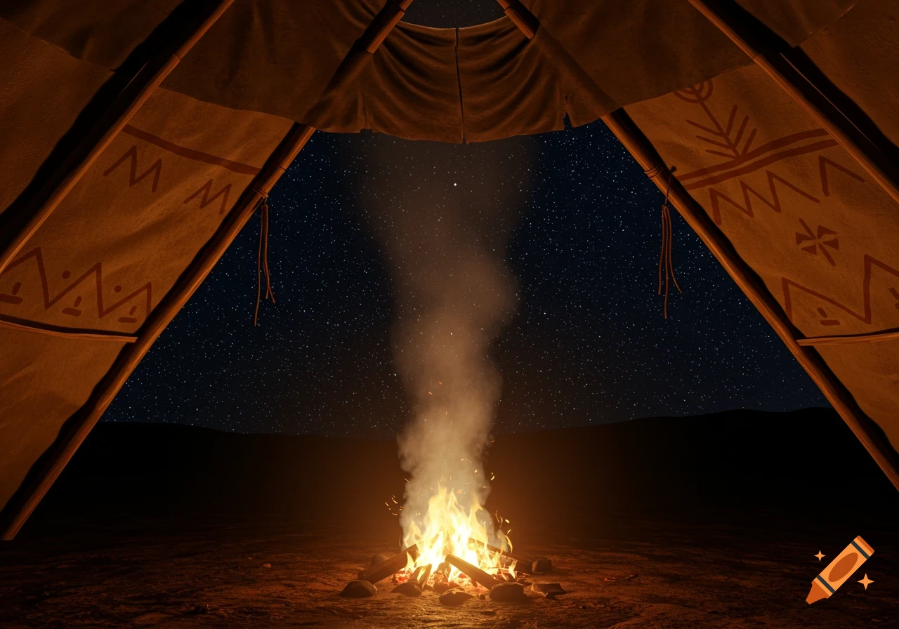 View from inside a teepee looking at a campfire under a starry night sky.