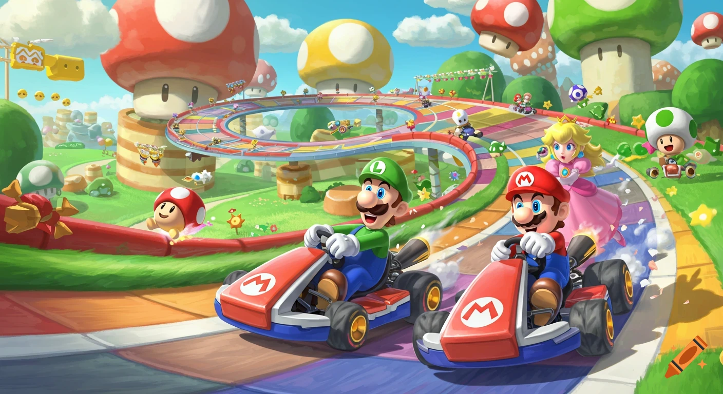 Mario and Luigi race in Mario Karts on a colorful track surrounded by mushroom structures, with Princess Peach and Toad also present.