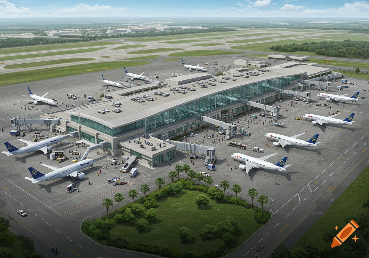Aerial view of a busy airport terminal with multiple jet bridges and parked airplanes.