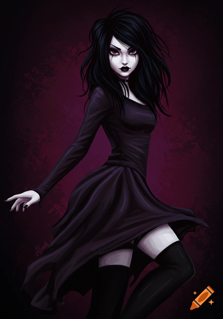 Drawing of a goth girl in a dynamic pose wearing a flowing black dress and black stockings.