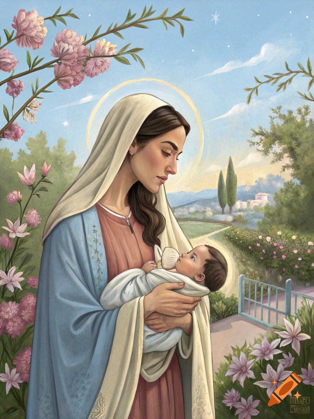 A woman holds a baby in a garden setting with flowering branches overhead, styled like a religious illustration.