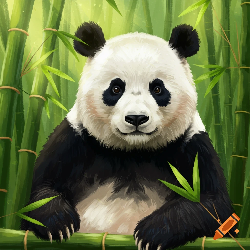 Illustration of a panda bear sitting in a bamboo forest.