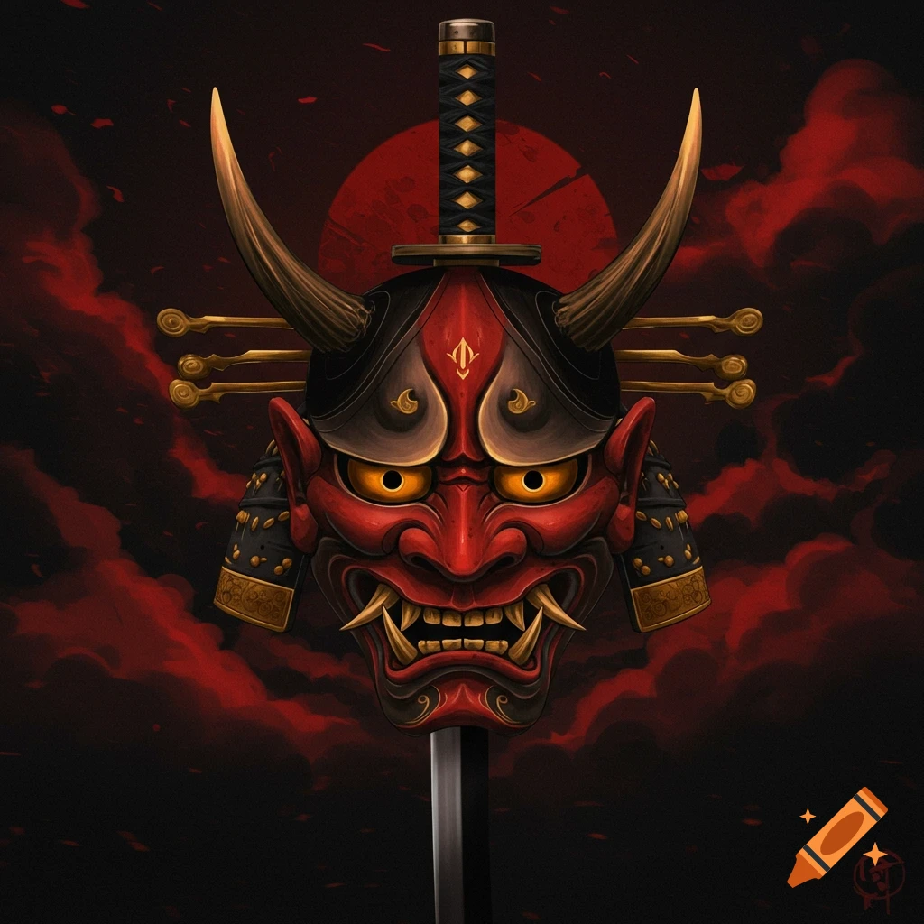 Close-up illustration of a red Japanese Oni mask over a katana against a red sun and clouds.