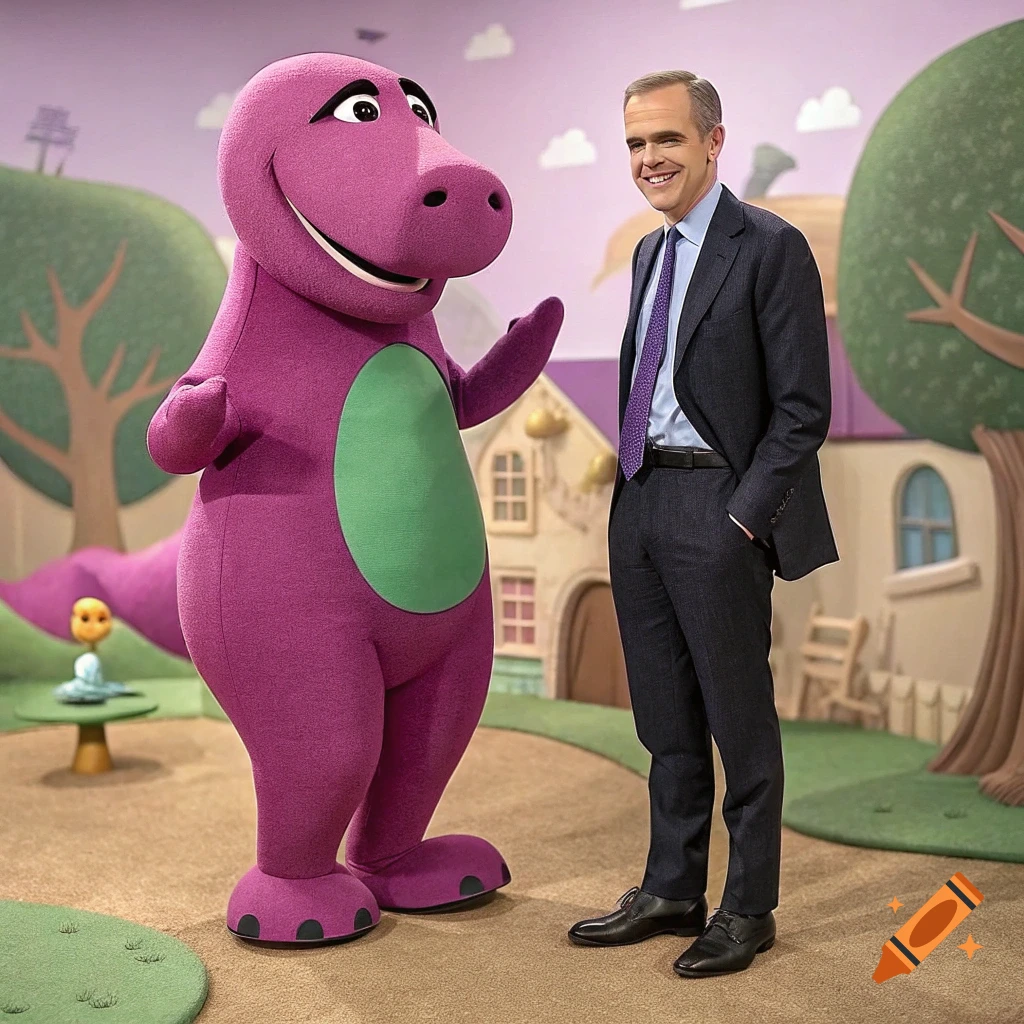 A man in a suit stands next to a purple dinosaur costume character on a TV set.