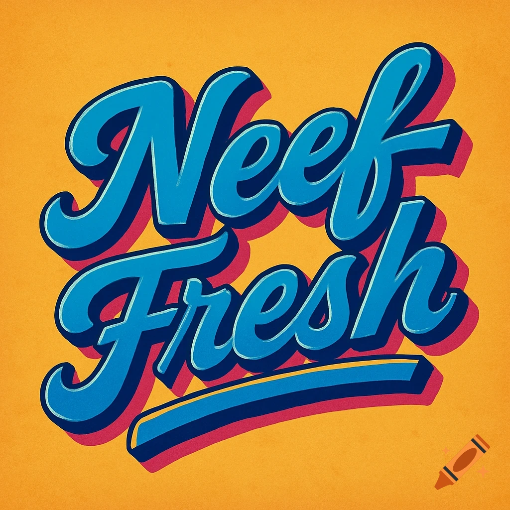 Script lettering 'Neef Fresh' in blue with red and blue shadows on an orange background, 1980s style.