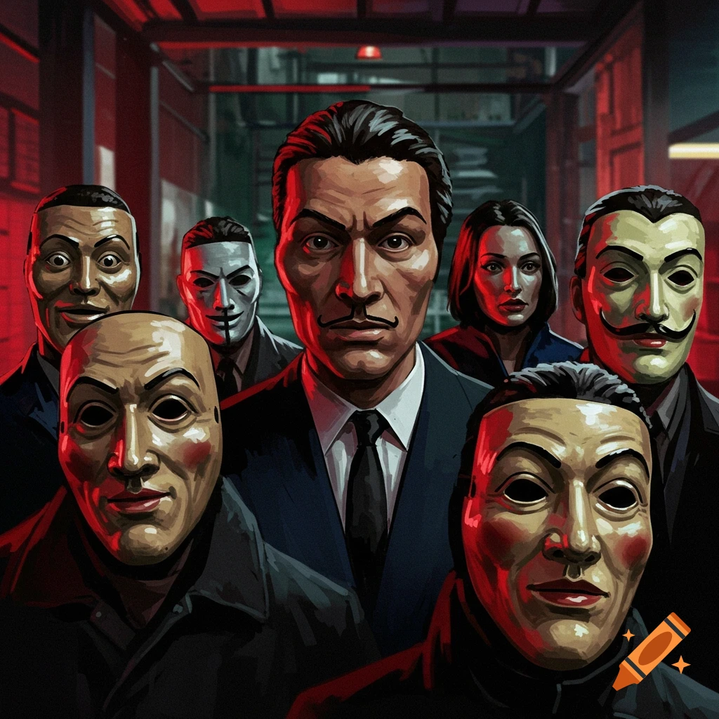 A stylized illustration shows a group of figures, most wearing masks, with a man in a suit in the foreground, lit by red light.