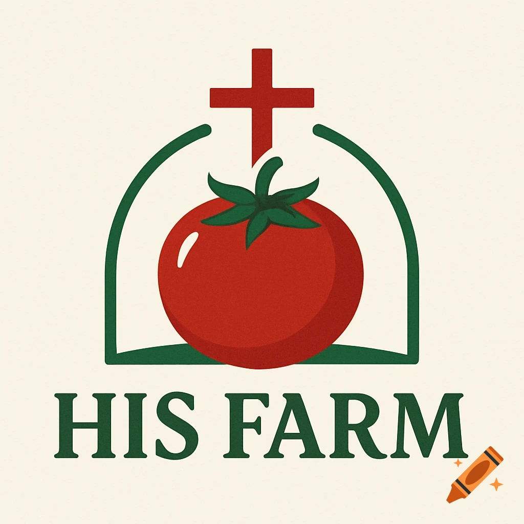 Logo with a tomato, cross, and text HIS FARM.