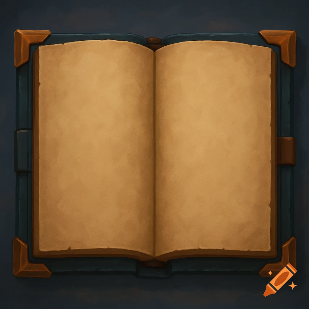 An open fantasy book with blank parchment pages and a dark blue cover with brass corners, in a painted style.